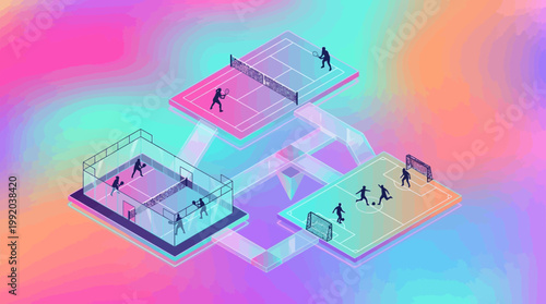 Isometric stadium illustration with playing field and audience during a sports event