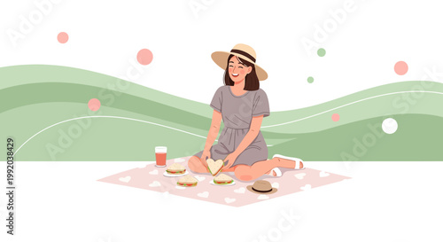 Woman Enjoying Picnic in Nature with Sandwiches and Drink