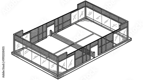 Isometric view of a modern office interior with glass walls and partitions