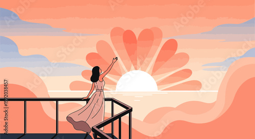 Woman enjoys sunrise from balcony, capturing moment with phone, symbolizing hope and new beginnings.