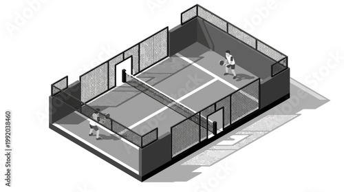 Isometric view of a sports court with two figures playing a game of padel