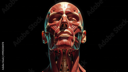 High resolution anatomical rendering of human head muscle structure medical illustration detailed realistic educational front view isolated scientific anatomy