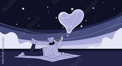Woman gazing at starry night sky, heart constellation in bubble, yoga mat