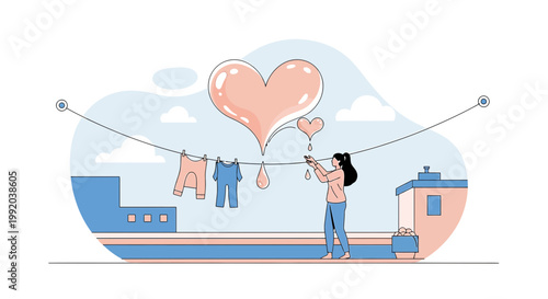Woman hanging laundry on clothesline with heart balloons above city rooftop