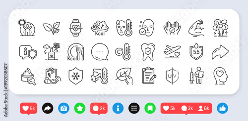 Organic tested, Strong arm and Cardio training line icons pack. Social media: share, comment, like icons. Calories, Coronavirus protection, Difficult stress web icon. Vector