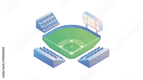 Isometric baseball field illustration with empty stands and scoreboard graphics