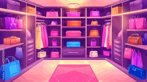 Pixelated illustration of a walk-in closet filled with handbags, boxes, and clothing