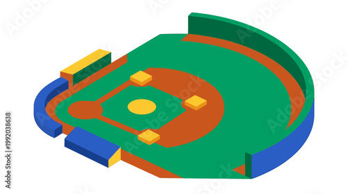 Isometric baseball field illustration green brown and blue colors isolated background