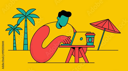 Man working on laptop with beach setting and umbrella vibrant colorful illustration