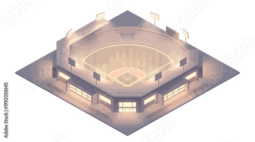 Isometric baseball stadium illustration illuminated venue with fields and lights
