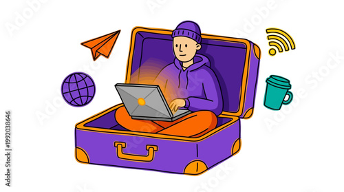 Young person working remotely with laptop inside suitcase vector illustration