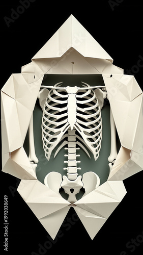 Origami style folding paper forms human skeleton ribcage, geometric shapes, white paper art, anatomical structure, creative design, modern, isolated on black background