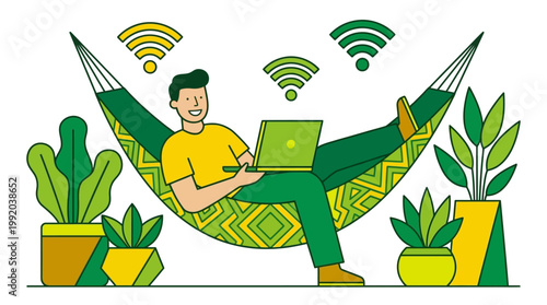 Man relaxes in hammock using laptop with wi fi signal surrounded by plants vector illustration