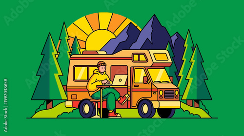Camping adventure illustration campervan and nature landscape with sunset and mountains