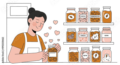 Woman happily preserving food in jars, homemade fermented food, healthy eating, kitchen storage