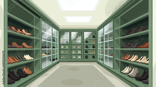 A perspective illustration of a shoe closet featuring glass doors and shelves filled with various footwear