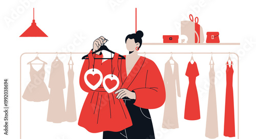 Woman choosing a red dress with heart details for Valentine's Day or special occasion