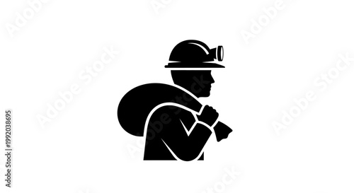 Miner with helmet and backpack.