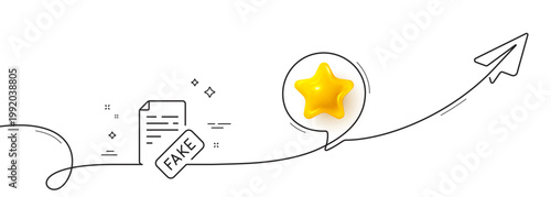 Fake news line icon. Continuous line with share plane. Propaganda conspiracy document sign. Wrong truth symbol. 3d star in speech bubble. Fake news single line ribbon. Loop curve pattern. Vector