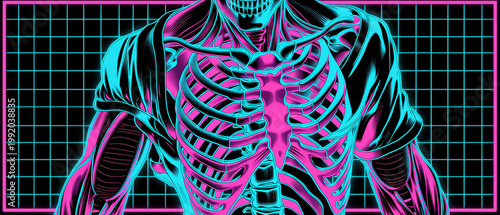Vaporwave style human anatomy illustration featuring glowing pink and blue skeleton, grid background, futuristic aesthetic, and vibrant neon colors, evoking surreal, retro futuristic mood