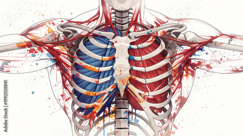 Watercolor style digital art of human ribcage chest anatomy colorful veins arteries muscles and bones medical illustration vibrant educational artistic detailed
