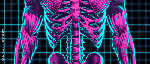 Vaporwave style human anatomy glowing pink muscle skeleton grid background, futuristic neon art