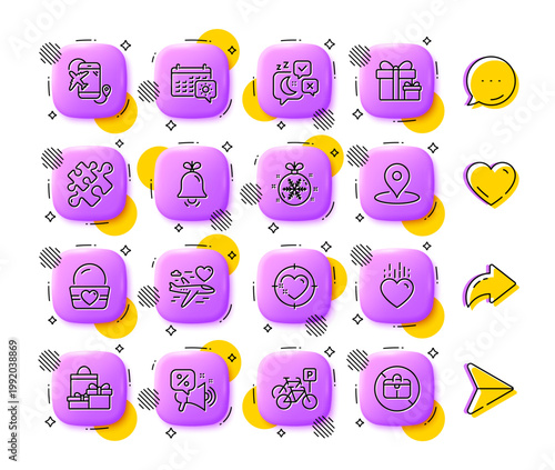 Discounts offer, Ice cream and Christmas ball line icons. App 3d buttons. Social media comment, share, like icons. Pack of Heart target, Travel calendar, Pin icon. Vector