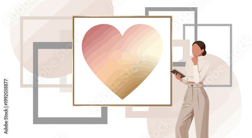 Woman contemplating abstract heart art, modern graphic design, creative inspiration