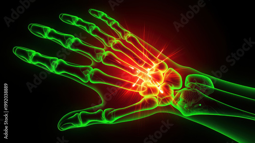 X ray style image of human hand reaching out, glowing green bones, red highlighted pain area in wrist, medical illustration, anatomy, injury, healthcare concept