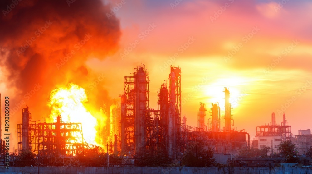 Fototapeta premium A fiery explosion in a sprawling industrial facility under a vibrant sunset sky