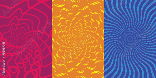 Psychedelic trippy background set, vibrant abstract optical illusion patterns, 3 colorful hypnotic spiral vector textures for posters and social media