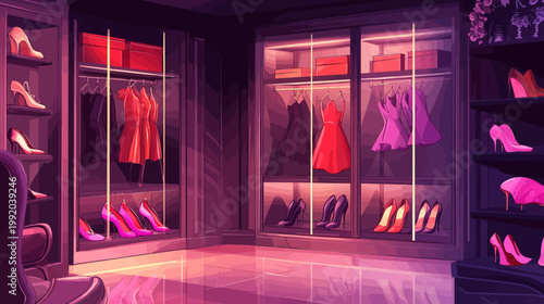 Pixelated artwork of a luxurious walk-in closet with dresses, heels, and vibrant pink & purple hues