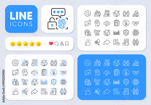 Globe, Bar diagram and Water analysis line icons for web app. Message, Share, Like social media icons. Pack of Yoga, Document, 360 degree pictogram icons. Vector