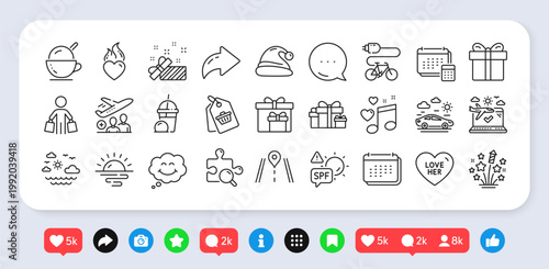 Present, Ice cream and Car travel line icons pack. Social media: share, comment, like icons. Gift box, Santa hat, Spf protection web icon. Sunrise, Fireworks stars, Delivery boxes pictogram. Vector