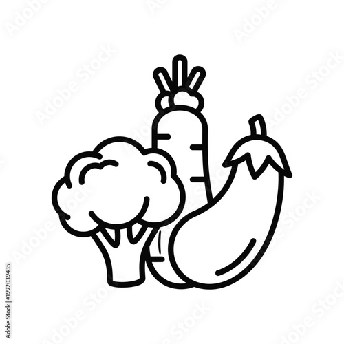 Fresh vegetable collection line art showing broccoli carrot and eggplant for healthy diet and culinary preparation concept