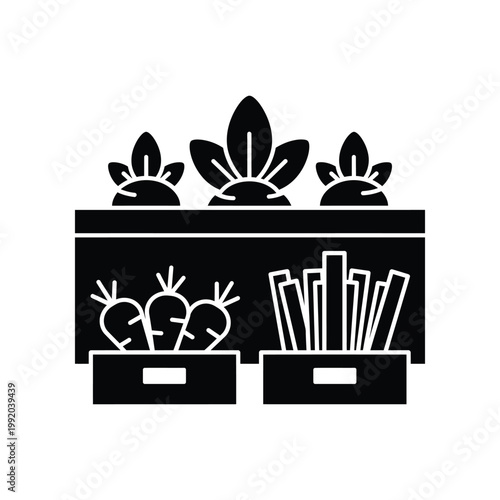 Shelf display of fresh root vegetables and greens in wooden crates for grocery supermarket interior design and agricultural retail