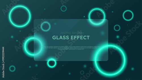 Rectangular transparent banner in glass morphism style on a background with abstract green neon rings, Vector render of cloudy glass website landing page template