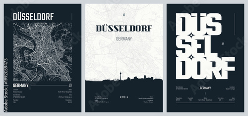 Set of travel posters with Dusseldorf is the capital city of North Rhine-Westphalia, detailed urban street plan city map, Silhouette city skyline, vector artwork, set 2