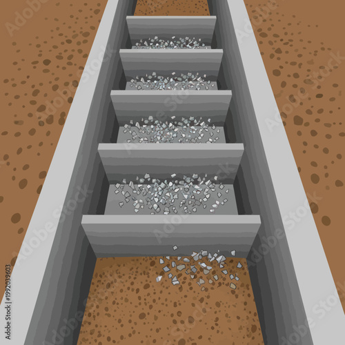 Illustration of a stepped trench with gravel and soil.
