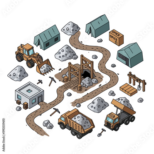 Isometric Mining Operation - Detailed Illustration of a Mining Site.