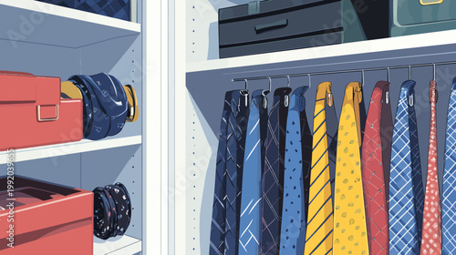 Illustration of a closet interior filled with organized accessories, notably ties in various patterns