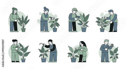 People caring for houseplants and gardening.