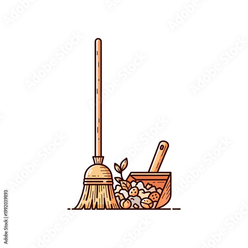 Illustration of a broom and dustpan filled with debris, symbolizing cleaning and tidiness.