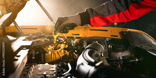 Tableau sur toile Mechanic checking engine oil level with dipstick in car engine