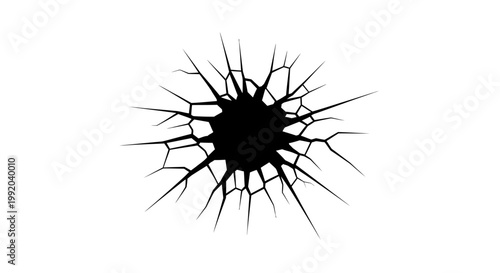 Cracked glass hole bullet impact damage.