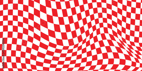 A vibrant red and white checkered flag waving with a distorted wavy pattern