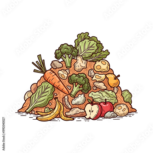A pile of fresh organic fruits and vegetables, including carrots, broccoli, lettuce, bananas, and apples, ready for composting or healthy eating.
