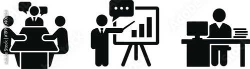 Flat vector icon set of business and office activities. team meeting, presentation with chart, and working at desk.