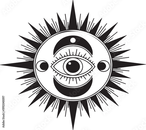 A mystical black and white celestial sun symbol featuring a central all-seeing eye, crescent moons, and radiating sharp sunbeams.