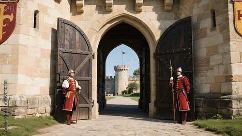 Two guards in historic uniforms stand at attention outside the entrance to a medieval castle with an open gate